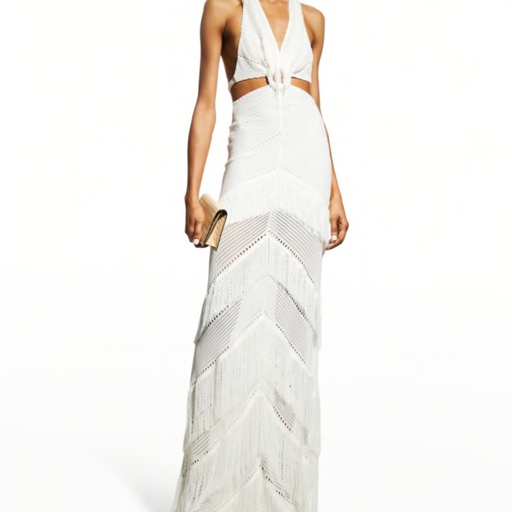 $2100 Raisa Vanessa Women's ivory Halter Neck Fringe Maxi Dress Size FR 38/ US 6